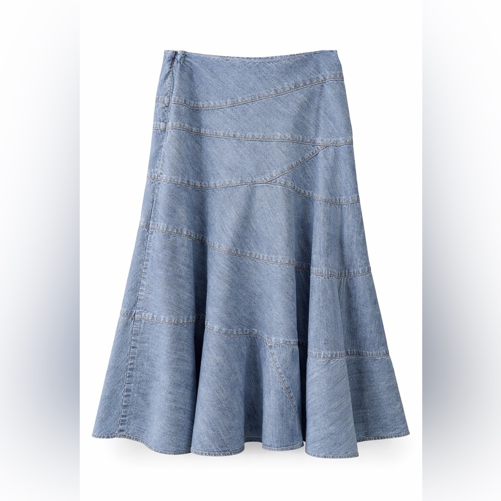 Lauren Ralph Lauren Denim Patchwork Skirt Size 8 A-Line Midi Chambray
